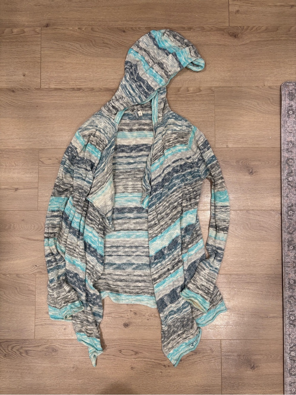 Ripcurl Striped Hooded Open Cardigan in Teal, Gray & Cream
